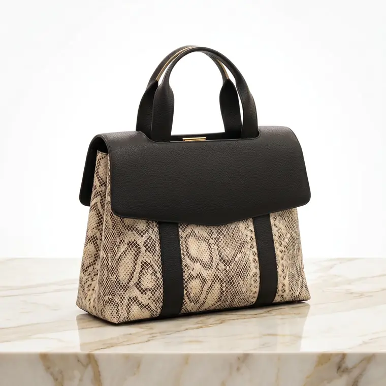 Top-Handle Tote, Black + Python Print leather + python-embossed panels, style LG-BAG-F-005