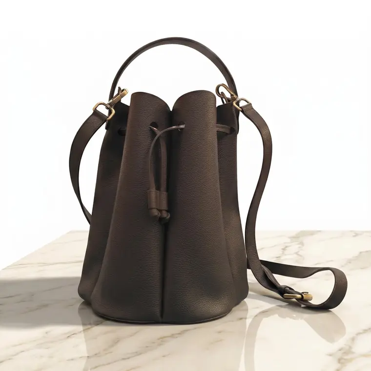 Drawstring Bucket Bag, Dark Chocolate pebbled-grain leather, style LG-BAG-F-006