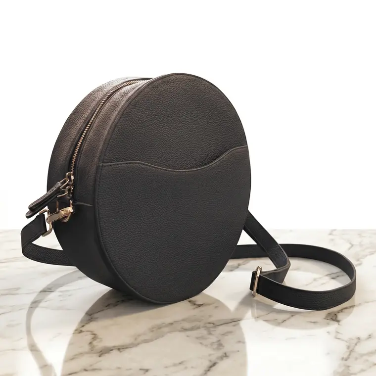 Round Canteen Crossbody, Black pebbled-grain leather, style LG-BAG-F-009