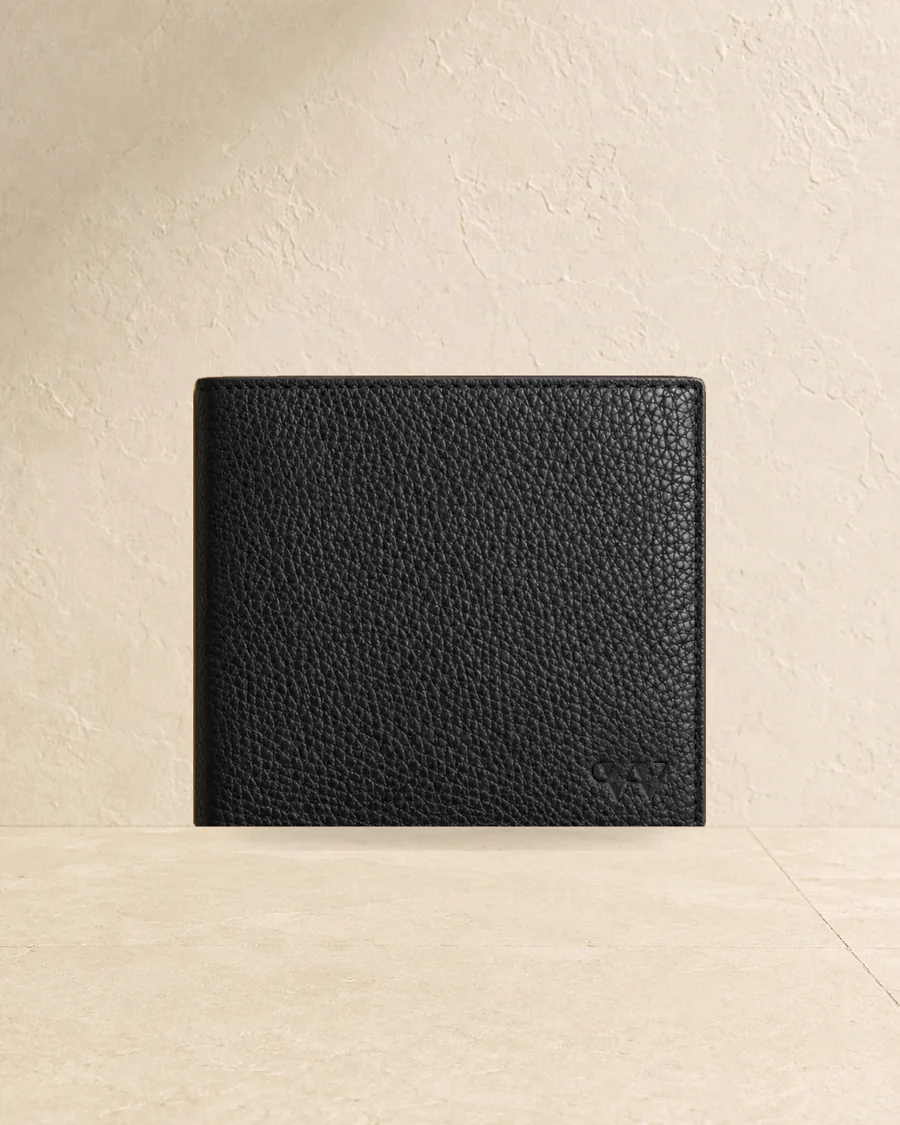 Bifold wallet, Black full-grain pebbled leather, style LG-WAL-M-005