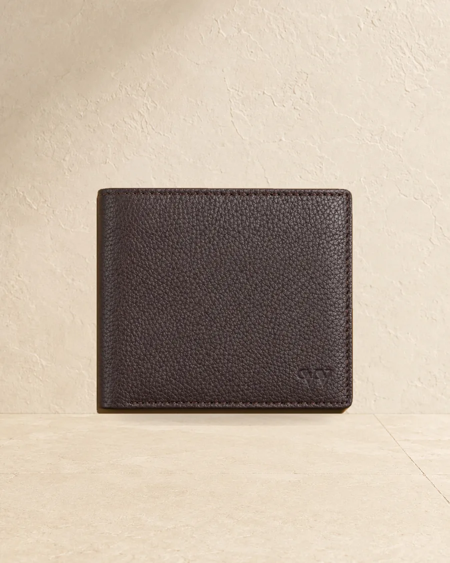 Bifold wallet, Brown full-grain pebbled leather, style LG-WAL-M-006