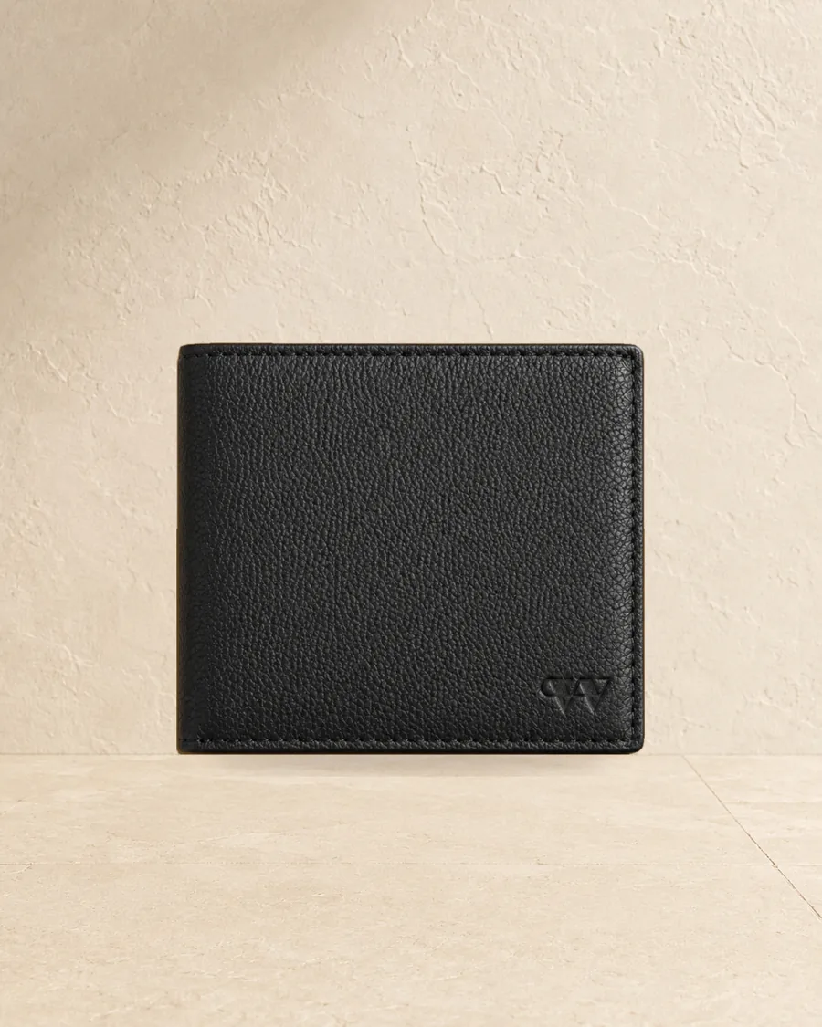 Bifold wallet, Black full-grain pebbled leather, style LG-WAL-M-008
