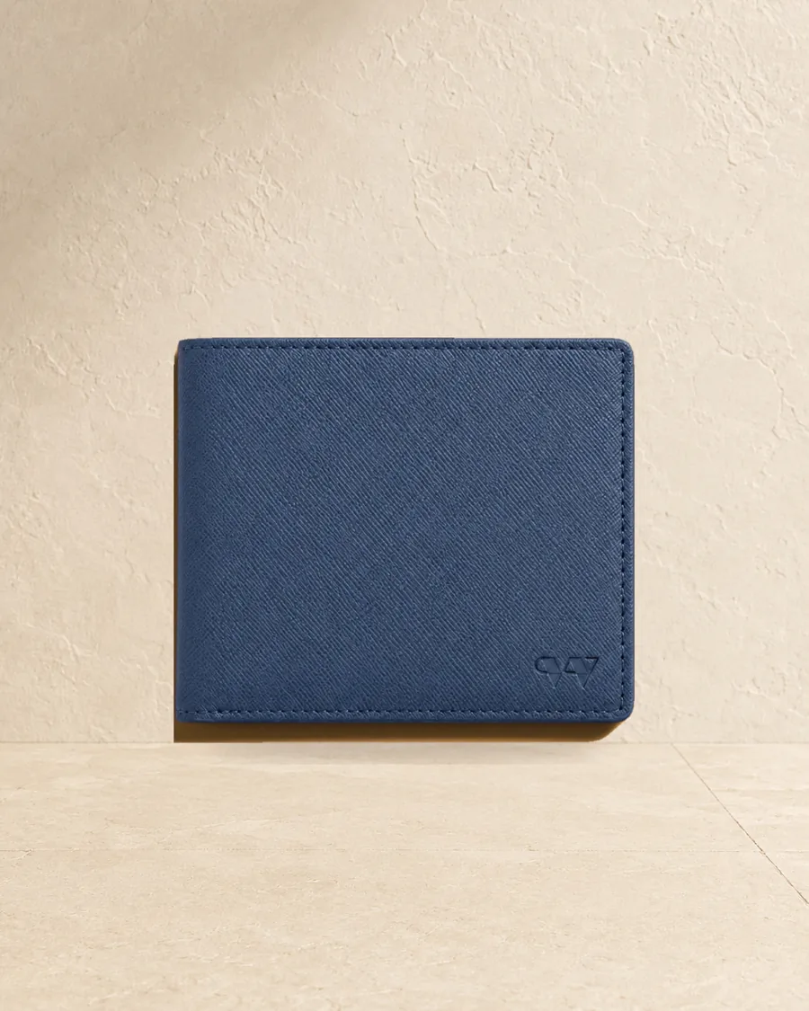 Bifold wallet, Blue saffiano-textured leather, style LG-WAL-M-010